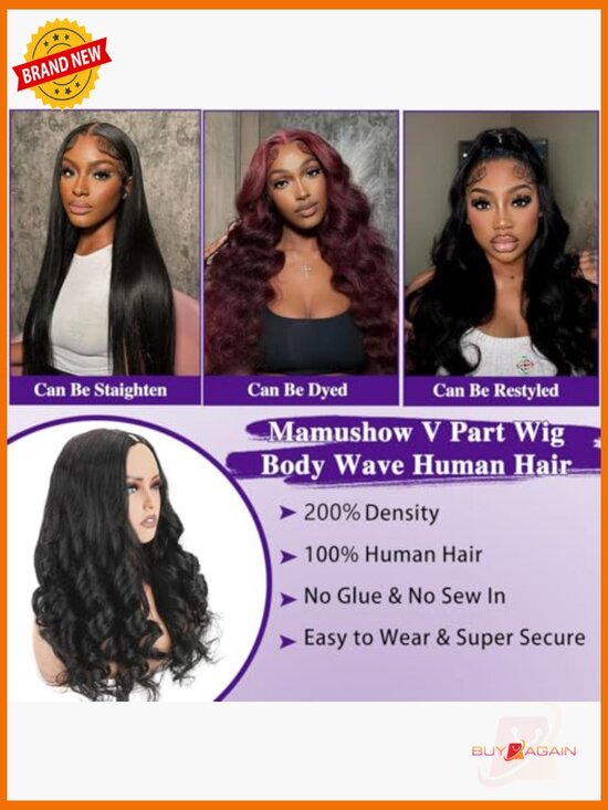 V Part Wig Human Hair Body Wave 22 Inch 200% Density Glueless U Part with main image 6